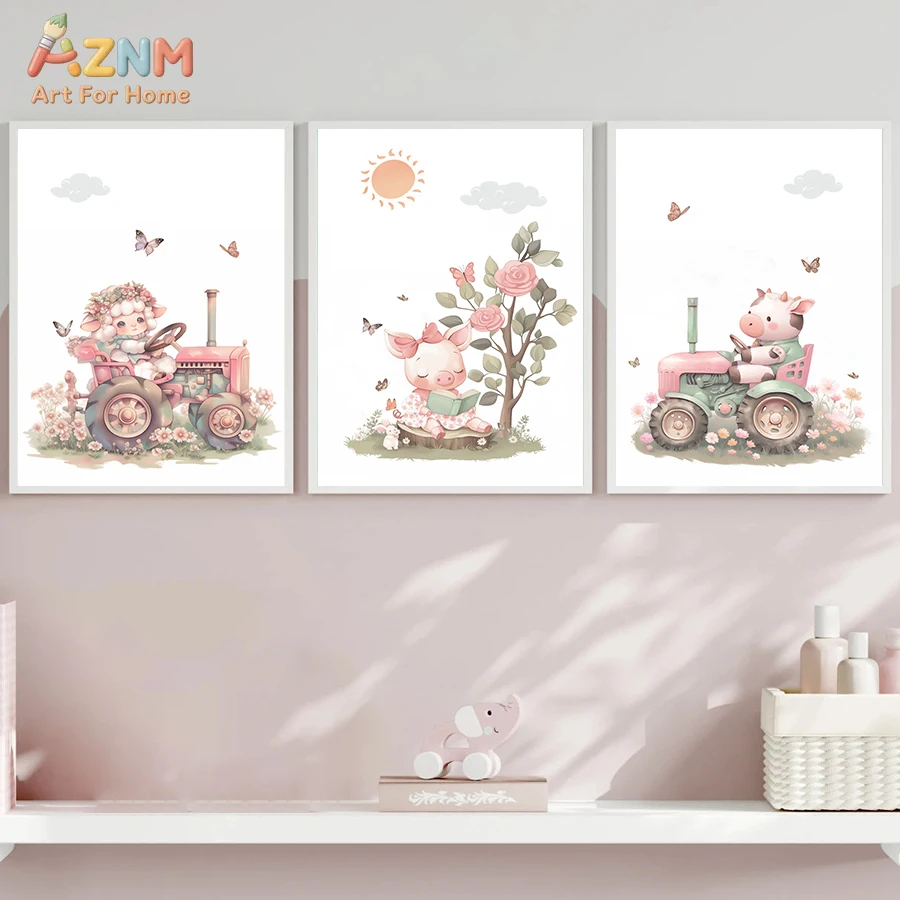 AZNM Cute Farm Animal Sheep Pig Cow Tractor Cartoon Canvas Wall Art, Soft Pastel Aesthetic Nursery Girls Room Home Decor Unframe