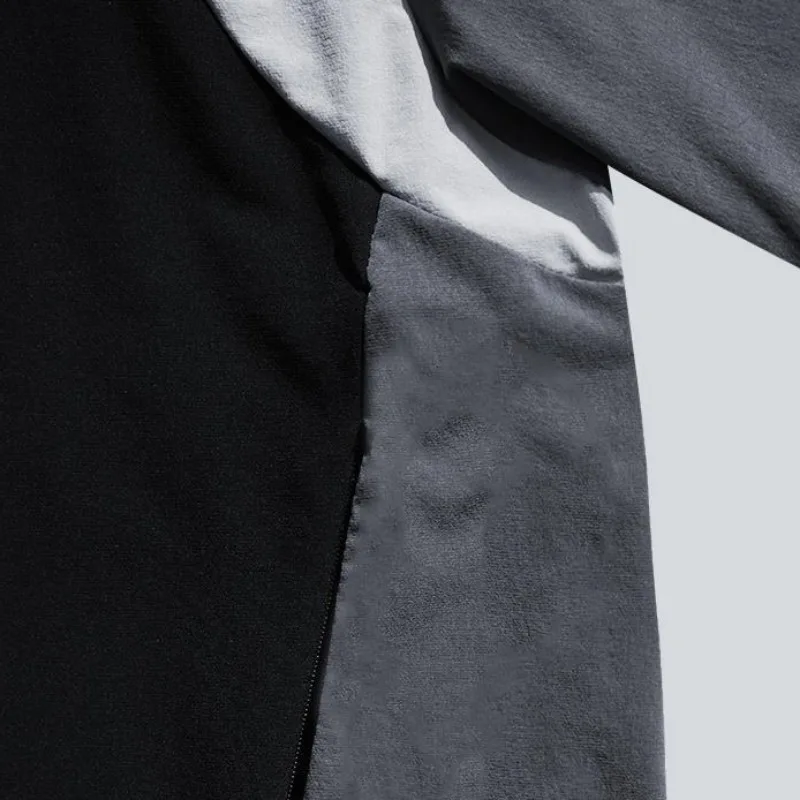 New Black Gray Color Block T-shirt for Men Japanese Mountain Style Quick Drying Training Jersey Trendy Collar Zipper T-shirt