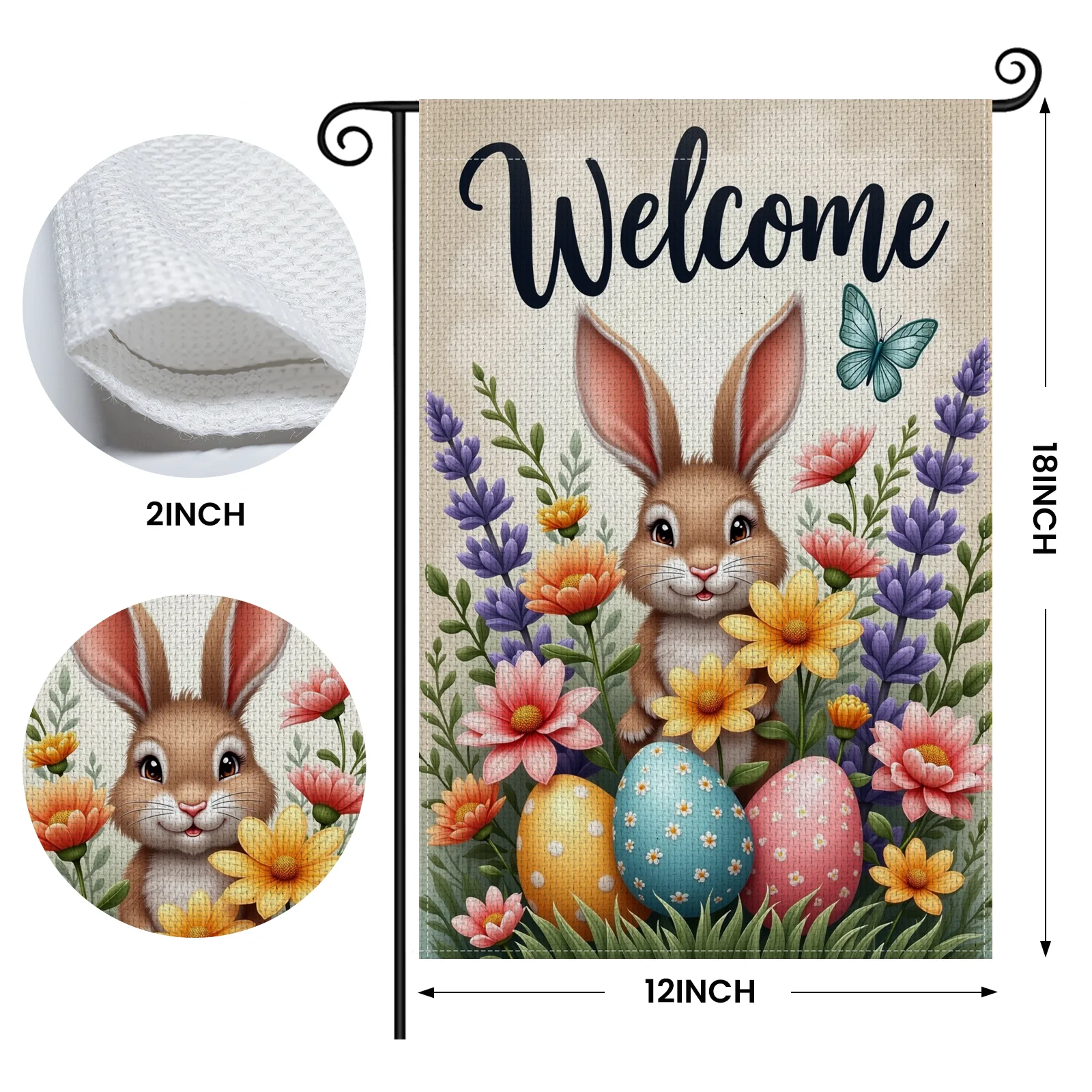 Welcome Garden Flag Cute Cartoon Aesthetic Easter Bunny Garden Banner Floral Print Spring Floral Yard Flag for Front Yard Decor
