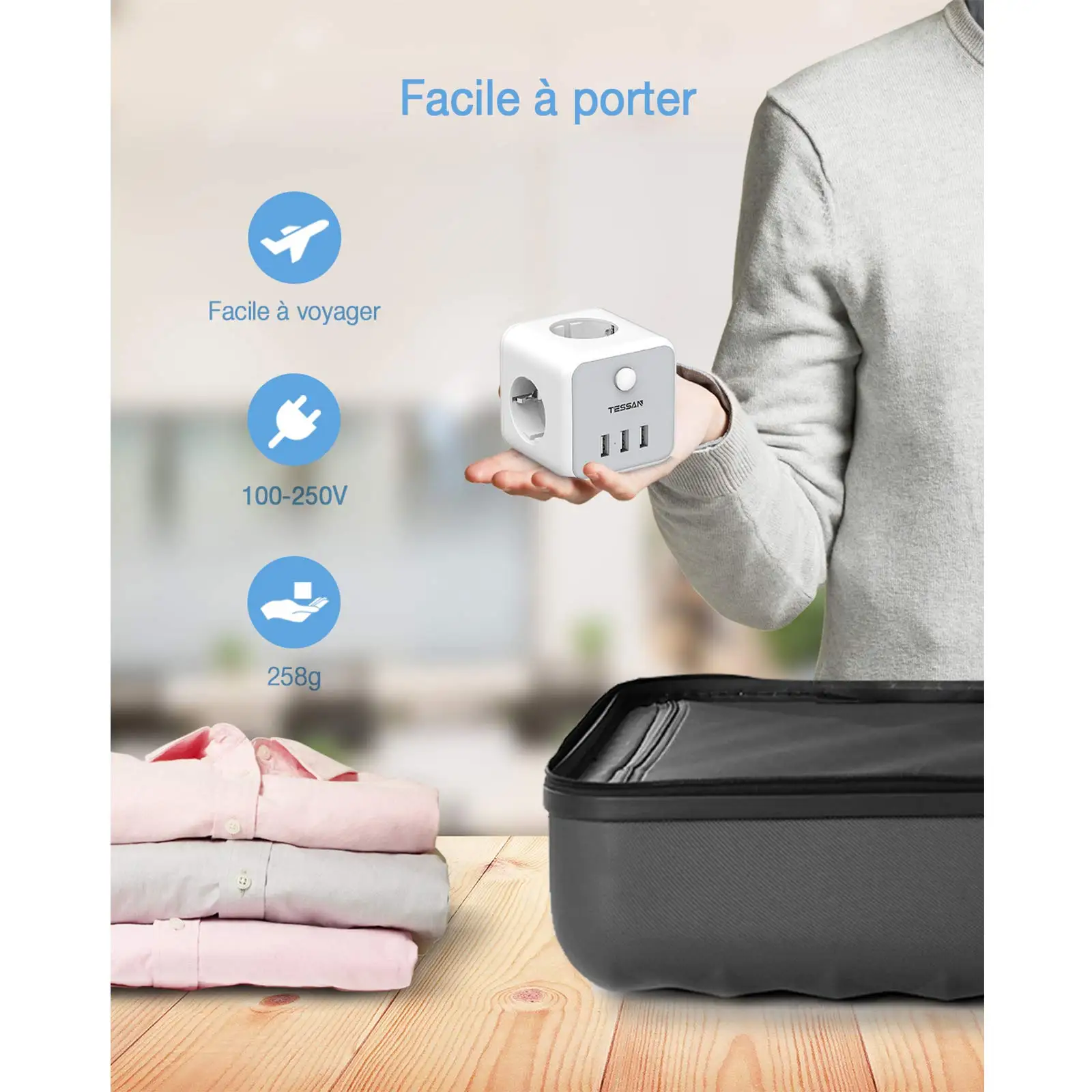 TESSAN-Extensor de Soquete Elétrico com Portas USB, Tee Socket Cube, Adaptador Multi-tap Power Strip para Viagem Doméstica, Europeu, Coréia