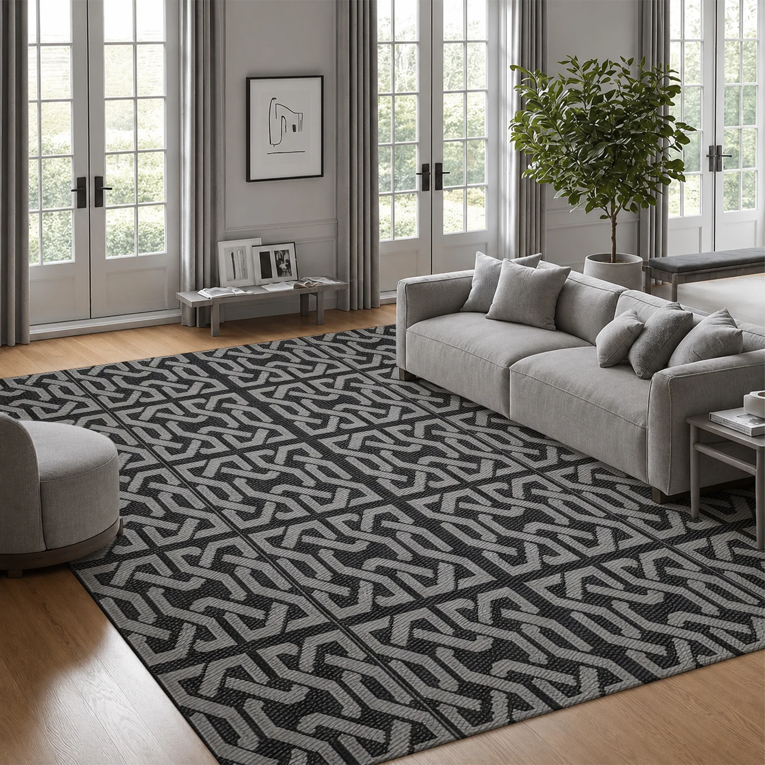 Large Indoor Area Rug Soft Velvet Low Pile with Non-slip Dotted Backing, Machine Washable Dark Geometric Celtic Knot Pattern Rug for Living Room, Bedroom, Entryway Modern Home Floor Decor