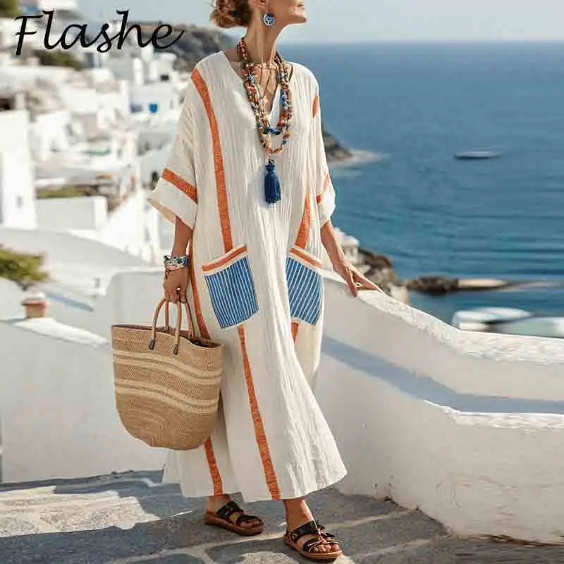 

Vintage Dresses Woman Summer V Neck Loose Maxi Dresses For Women Long Dress Casual Printed Beach Holiday Dress Boho