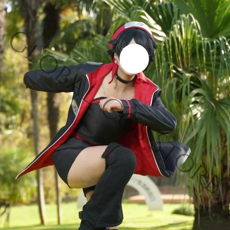 Disfraz de Cosplay del Personaje de Anime Uchiha Sarada, Top Corto Negro, Cinturón Rojo y Gargantilla, Conjunto de Accesorios para Batalla, para Comv;5'b8/