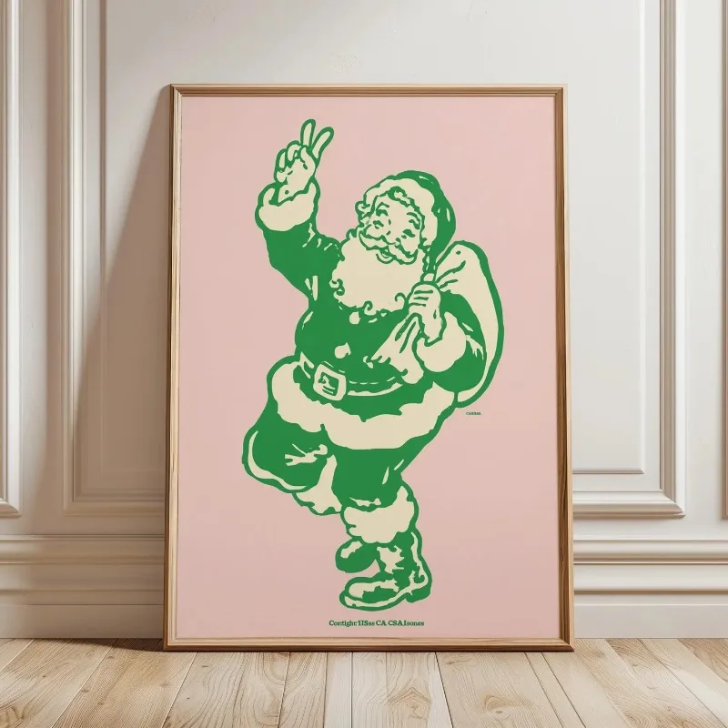 Retro Pastel Pink Green Peace Sign Santa Christmas Canvas Poster Prints Frameless Wall Art Festive Winter Cozy Soft Home Decor