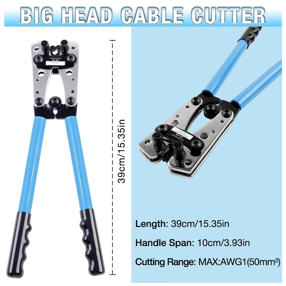 Kit de ferramentas de crimpagem de terminais de fio de bateria 10-1 AWG com cortador, ferramenta de crimpagem de terminais de fio de bateria de 6-50 mm, cortadores de cabo opcionais, terminais, tubos termoencolhíveis