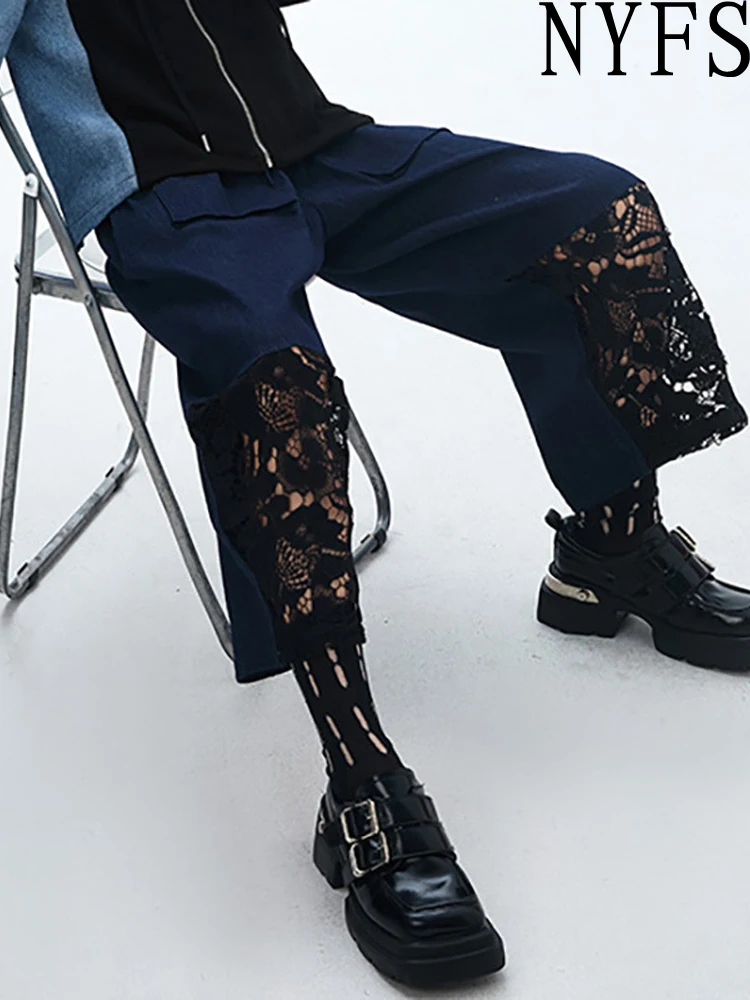 

NYFS Big Pocket Woman Denim Wide-leg pants Loose Plus size Trousers Vintage Elastic waist Lace Patchwork Jeans