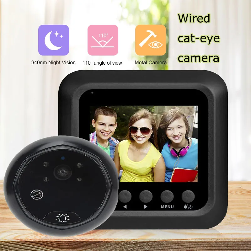 Smart Cat Eye Peephole Video Doorbell,2.4” LCD Screen & Night Vision, Wired Connect, 3x AA Battery (Not Included)