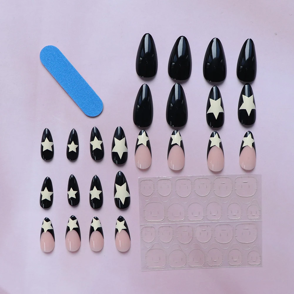 ARTAUG 24PCS Medium Stiletto Pink Black French Tip Press On Nails Star Pattern Glitter Press On Nails