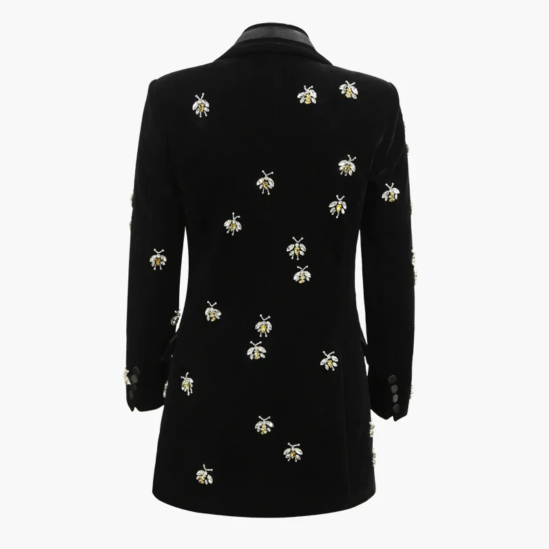 CHUJIE 2025 Spring Autumn Women's Long Velvet Blazer With Bee Embroidery & Beaded Detailing – Elegant Office Dinner Jacket