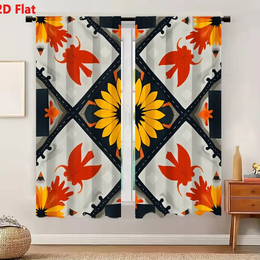 2Pcs Curtains 2D Flat Geometric Autumn Pattern With Yellow Flower And Orange Maple Leaves On Gray Background Window Drapes for B
