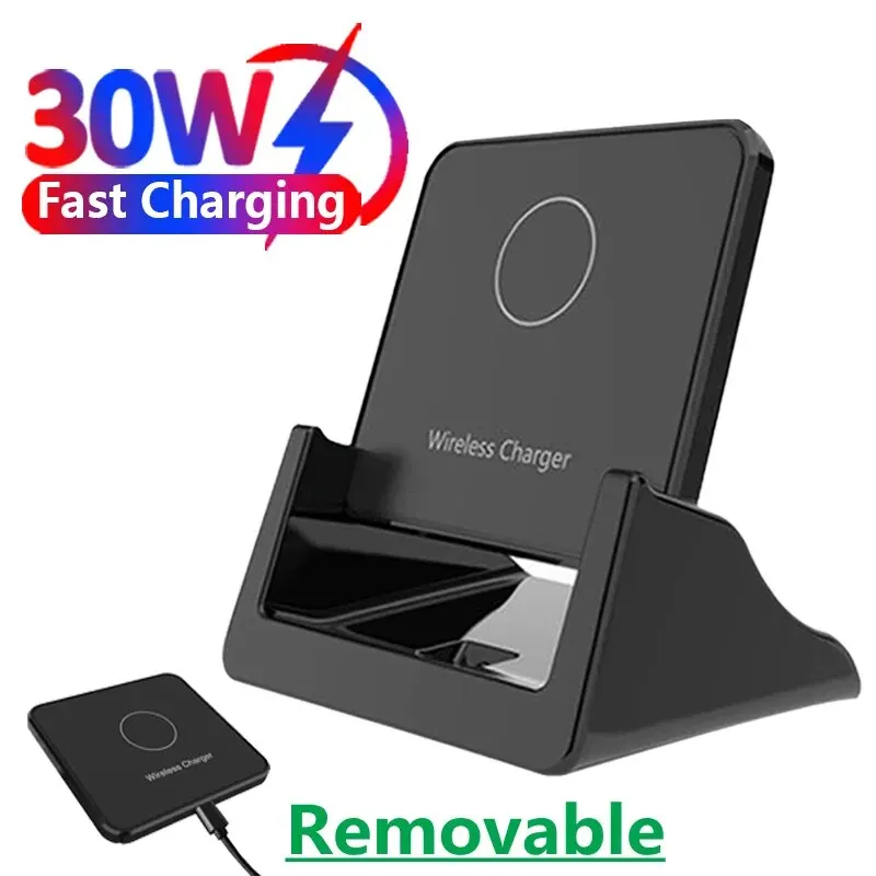 30W Fast Wireless Charger Pad Stand Desktop Ultra-thin Mobile Phone Charging Dock Station For iPhone 15 14 13 12 Samsung Xiaomi