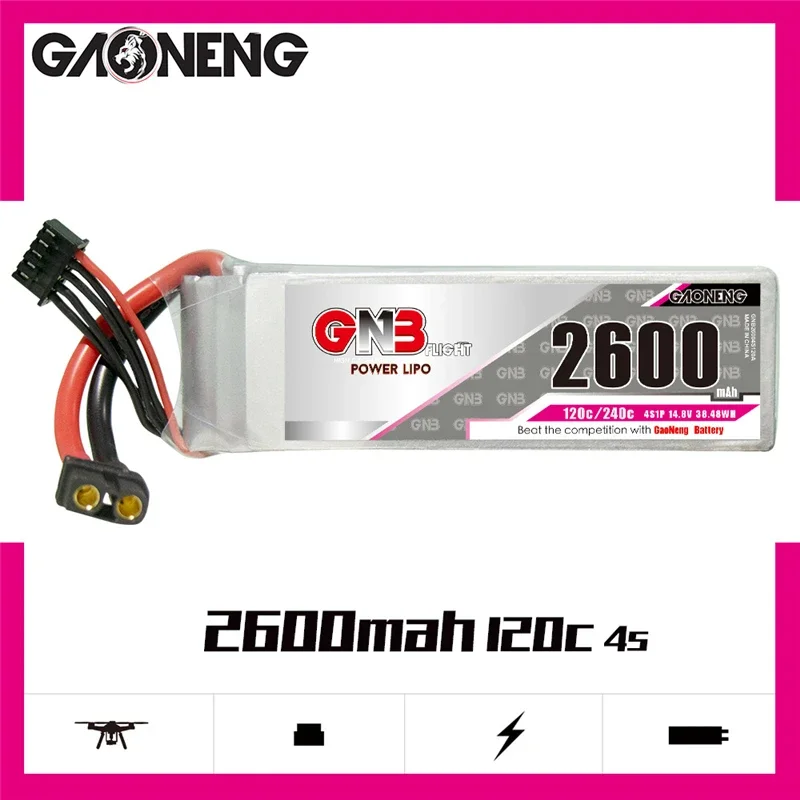 GAONENG Upgraded GNB 4S 14.8V 2600mAh Lipo Battery For RC Car Boat Helicopter Airplane Parts 120C 14.8V Battery With XT60 Plug