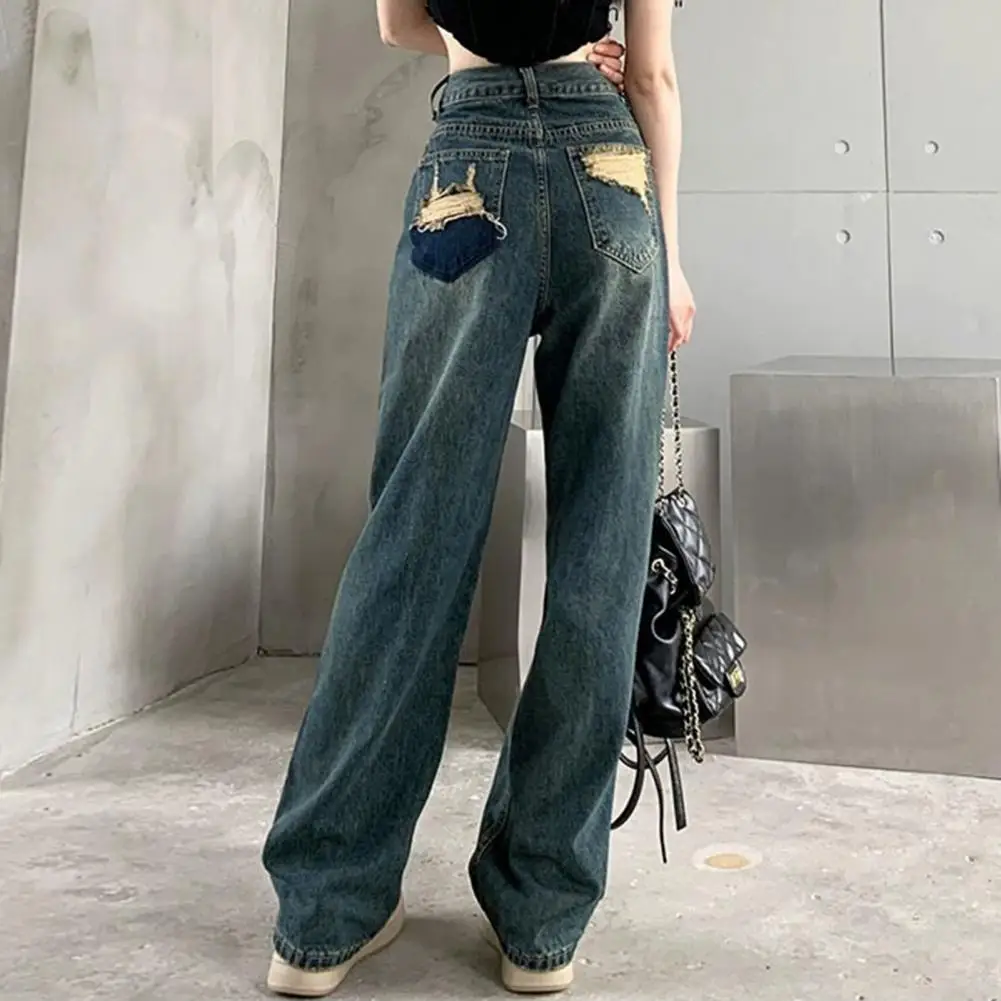 Jeans de perna larga de cintura alta feminino, jeans, bolsos rasgados, fecho de botão com zíper, sólido, elegante, na moda