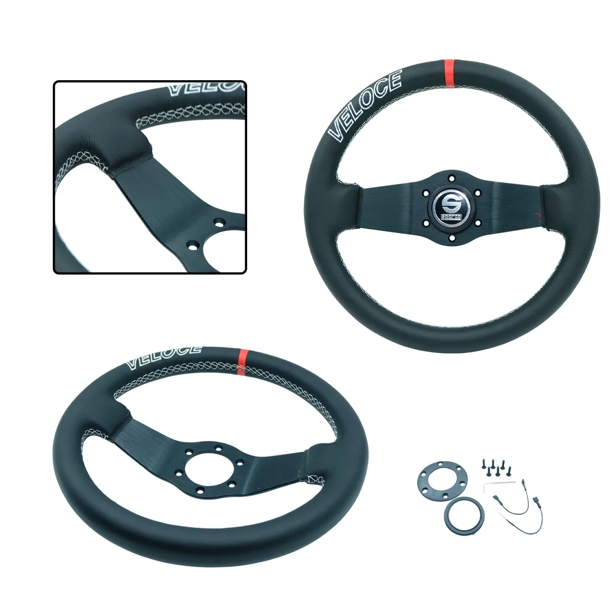 

VELOCE 13 Inch 320MM Genuine Leather Red Ring Embroidered Black Frame Racing Game Steering Wheel
