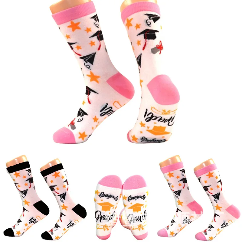 Funny Graduation Socks for Women and Men (Mid-Calf) Colorful Grad Cap Pattern Novelty Socks Graduation Party Gift Socks