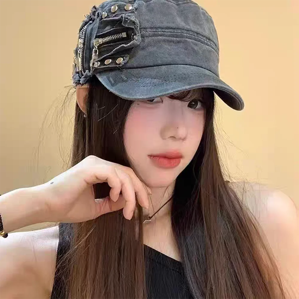 new Personality Cloth Rivet Denim Beret Spice Girls Y2k Equestrian Hat Washed Cotton Fashion Denim Octagonal Hat Girl