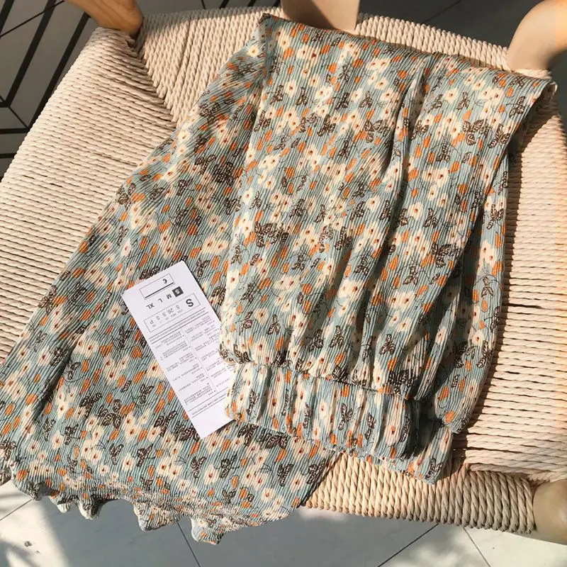 

Юбка миди с цветочным принтом больших размеров, женская летняя шифоновая юбка с завышенной талией в корейском стиле, повседневная, свободного кроя, для фигуры типа «груша»