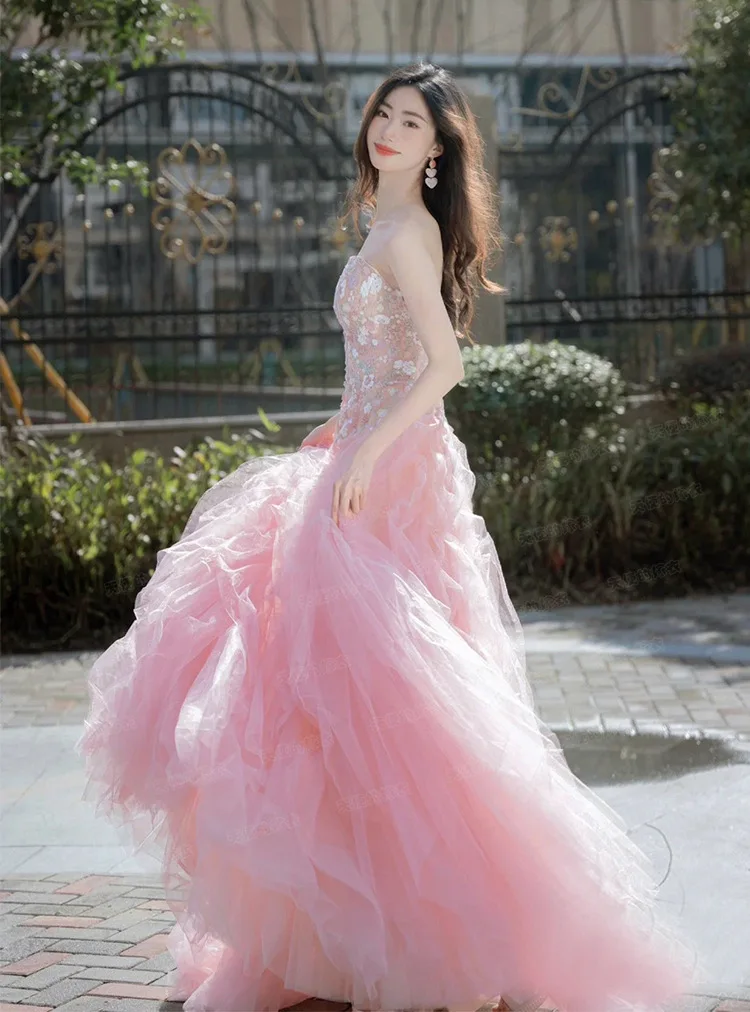 Vestido de noite romântico rosa, elegante, estampado floral, sem alças, slim, vestidos de noiva, princesa, bolo, vestido de baile, quinceanera