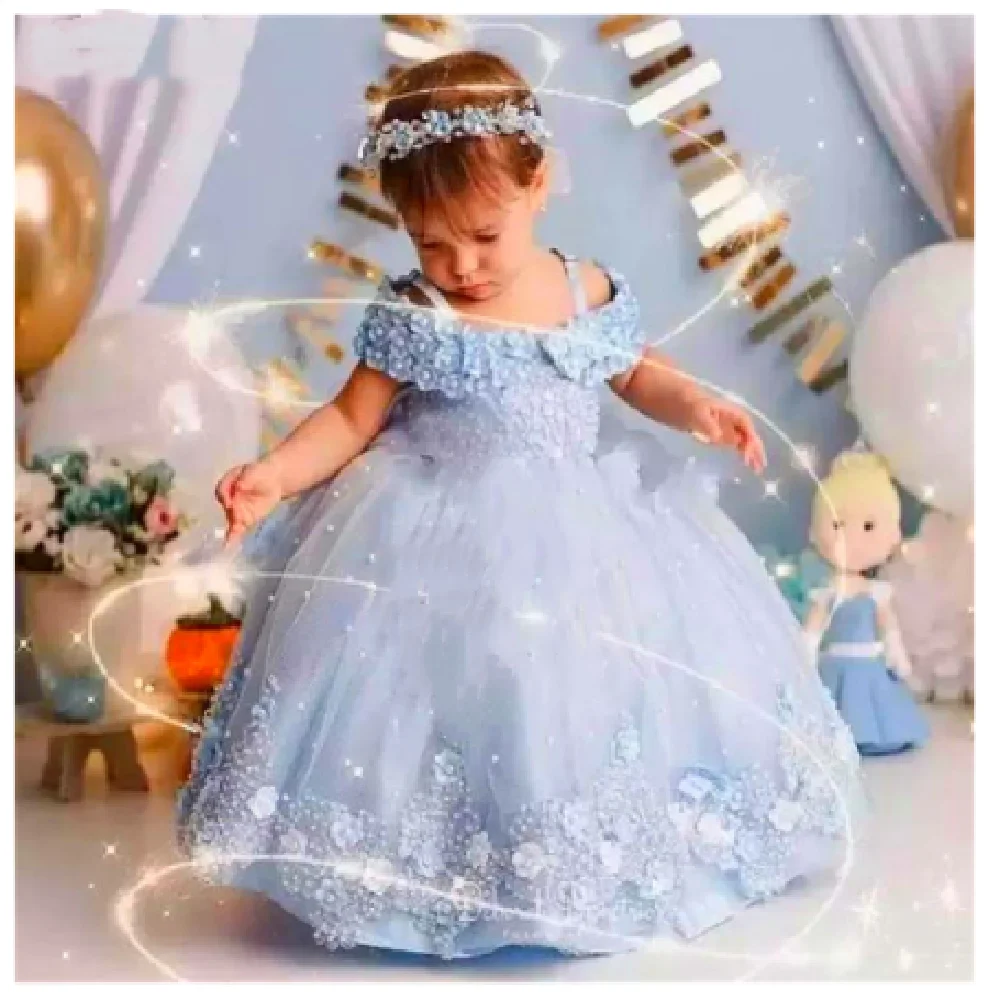 Baby Child Dresses Off spalla perle pizzo farfalle Flower Girl Dress Infant First Birthday Party Gown comunione Prom