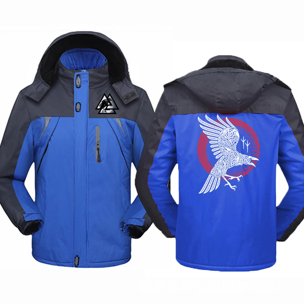 2024 Raven Vikings Men's New Winter Fashionable Printing Thick Warmer Coats Cotton Padded Overcoat Windbreaker Casual Jacket Top