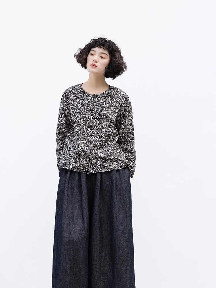 

Новая коллекция Le: 100% хлопковая черная базовая рубашка с принтом, летняя, в китайском стиле, с круглым вырезом, на пуговицах, с цветочным узором, длинный рукав