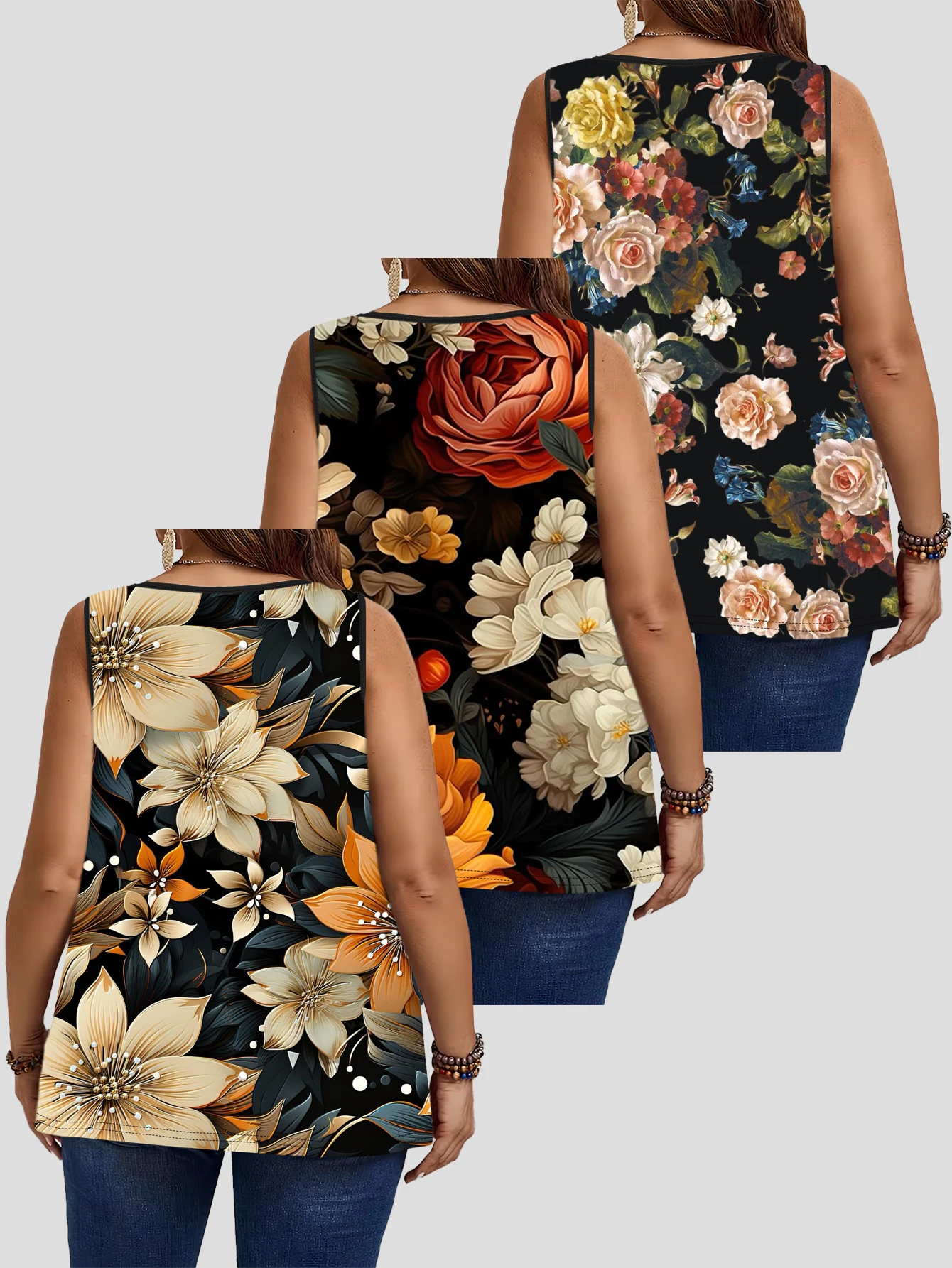 3-Piece Set of Plus-Size Sleeveless Vests with Black Background, Oil Painting Style, Vintage Rose Floral Print, Elegant and Slimming Loose-Fitting Camisole Top 4