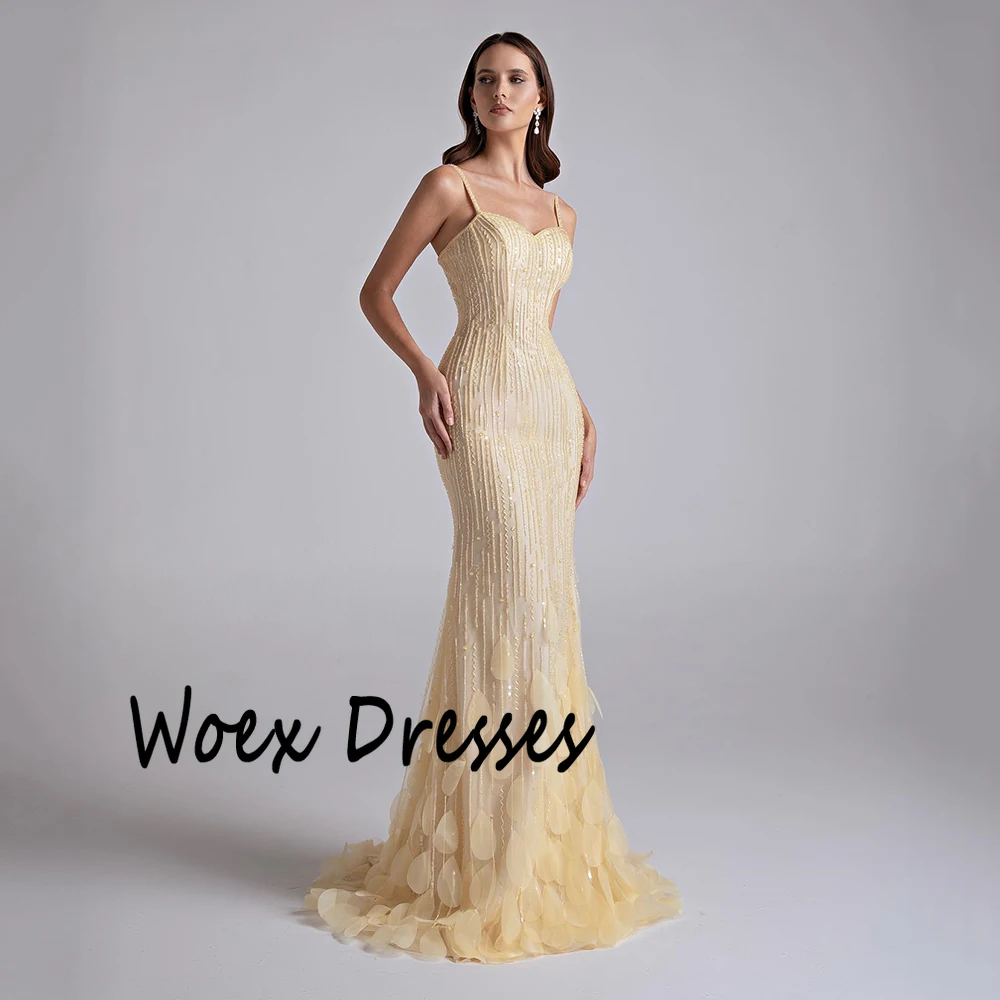 Sukienka wieczorowa na ramiączkach spaghetti, żółta, z aplikacjami z cekinów, bez rękawów, sukienka na imprezę, syreni krój, długa do podłogi, suknia balowa.