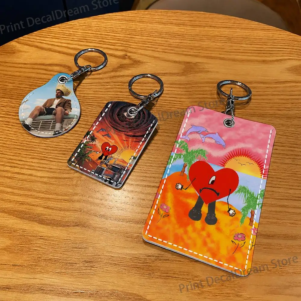 B-Bad B-Bunnys DTMF PU Leather Card Holder Keychain Key Ring Door Lock Access Tag ID Access Card Air Tag Case Keychain Card