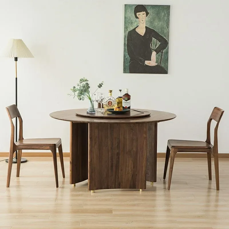 Round Dining Table North American Black Walnut Solid Wood Italian Style Lazy Susan Silent Turntable Luxury Villa Living Room