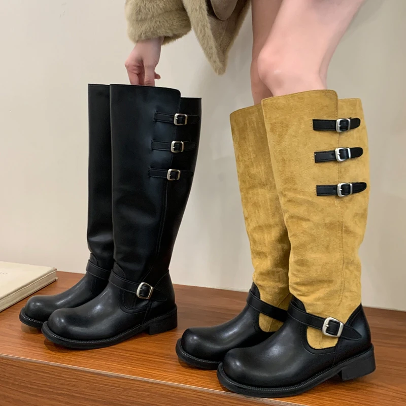 Eilyken New Design Splicing Strap Buckle Knee-High Boots Woman Round Toe Square Low Heels Shoes Punk Style Modern Booties