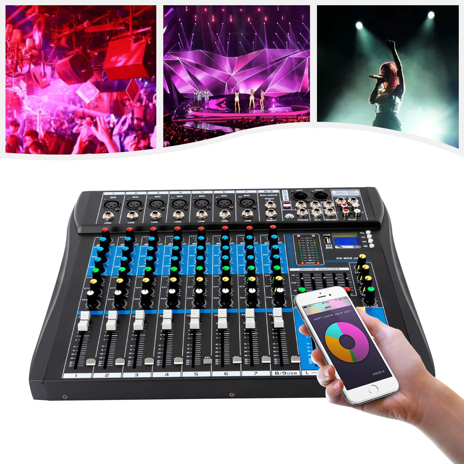 Professional 8 Channel Stereo Sound Mixer Bluetooth USB Recording Computer Playback Phantom Power USB Digital Audio Mixer