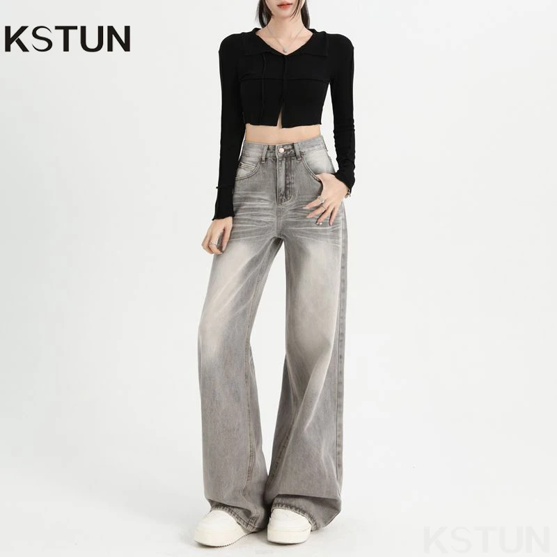 

Винтажные широкие джинсы, серые прямые повседневные брюки в американском стиле для женщин, свободный крой, драпированные, весна-осень 2026, Новое поступление