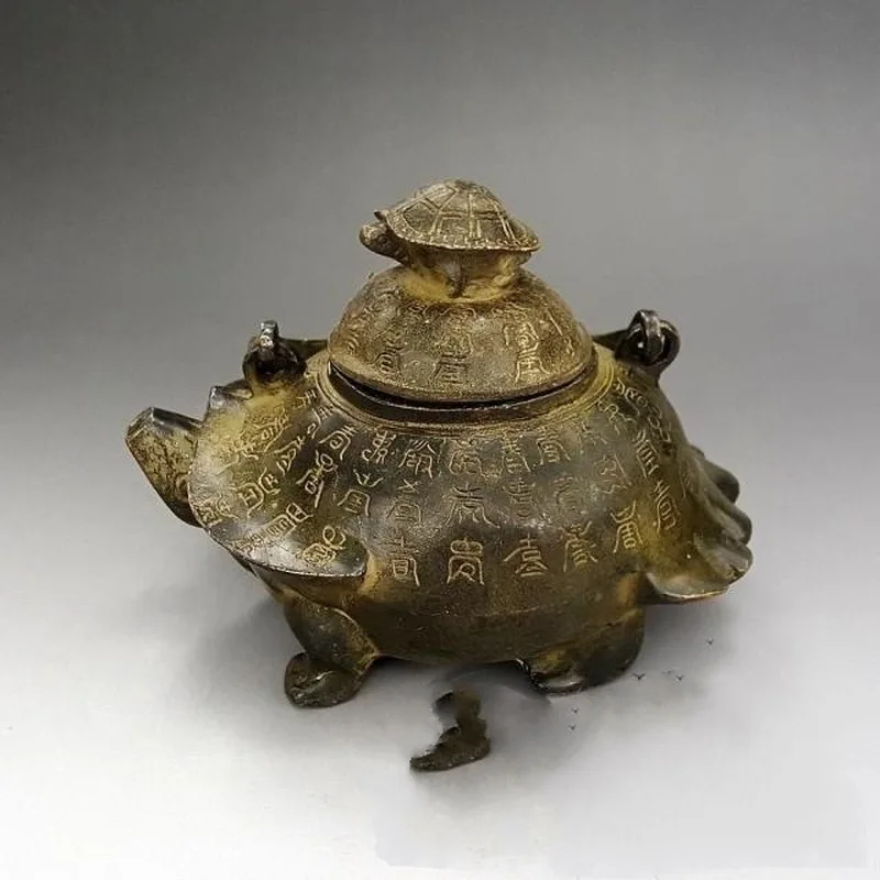 Brass-cast, imperial Qing Dynasty dragon turtle figurine, antique bronze ornament