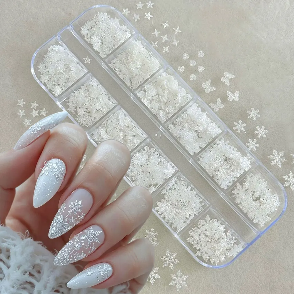12grid 3D White Snowflakes/Star/Heart/Butterfly Nail Glitter Flakes Shiny Christmas Snowflakes Nail Charm Glitter Snowflake Nail