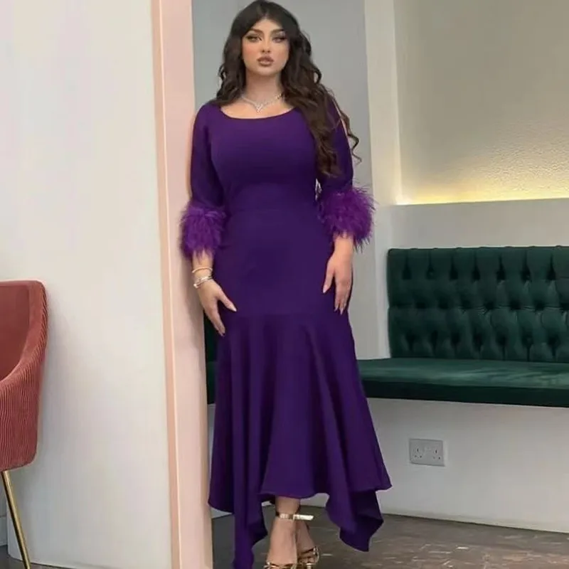 Purple Muslim Evening Dresses 2025 Plus Size Scoop Neck Feathers Long Sleeves Prom Gowns Dubai Saudi Arabic Formal Party Dress