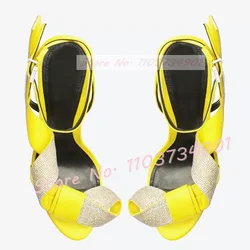 Yellow Crystal Ribbon Wrap Sandals Women Sweet Bowknot Open Toe Thin High Heels Sandals Classy Cross Strap Satin Big Size Shoes