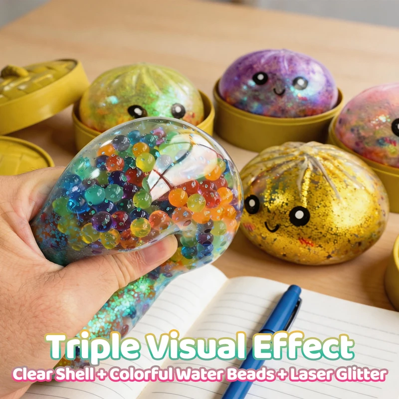 Glitter Crystal Steamed Bun Squeeze Fidget Toy Bead‑Filled Stress Relief Squishy with Steamer Box Design Desktop Ornament Gift