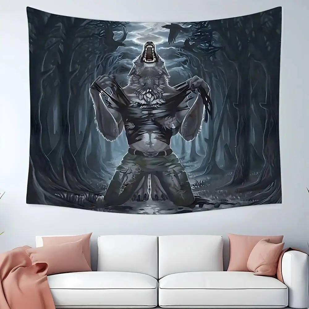 VIKAMA Dark Werewolf Tapestry Gothic Style Bedroom Gaming Theme Living Wall Hanging Room Decor