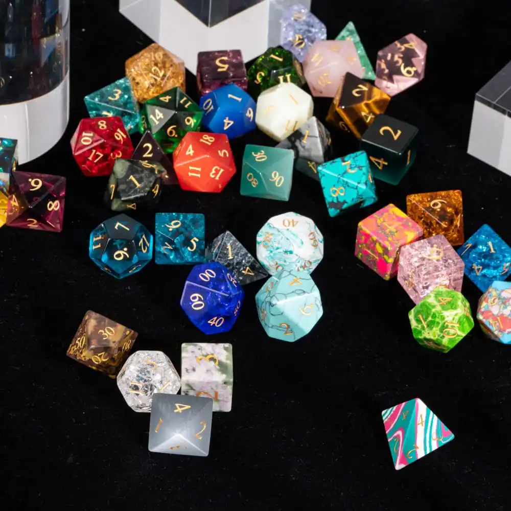 Cusdie 7 Bulk Stone Glass DND Dices Random Color Gemstone Dice Set D4 D6 D8 D10 D% D20 Polyhedral Dice for Board Game Collection