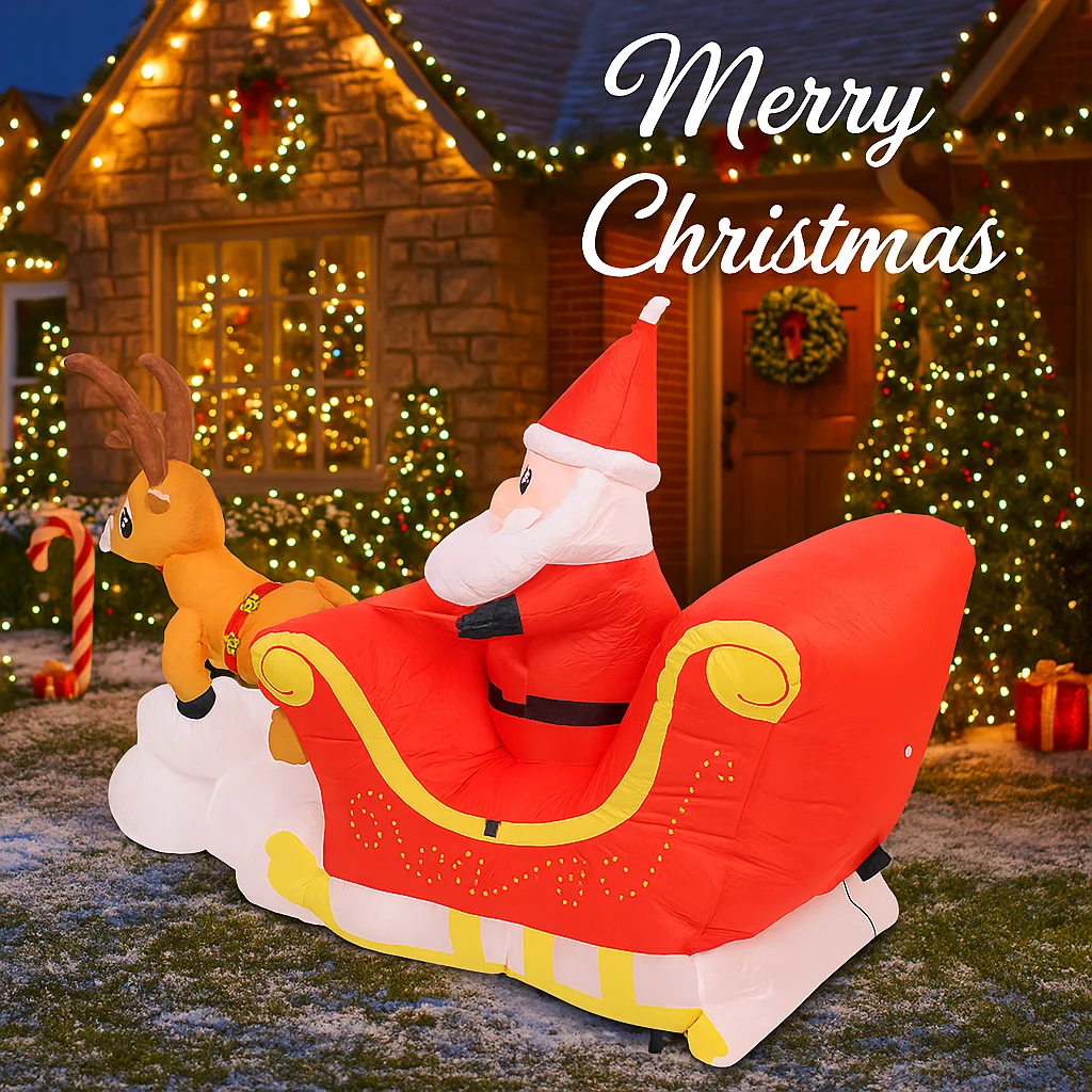 5.3FT LED Light Inflatable Yard Decor Santa Claus Reindeer Sleigh Xmas Toy Supplies Home Decor Ornaments Gifts Christmas Holiday