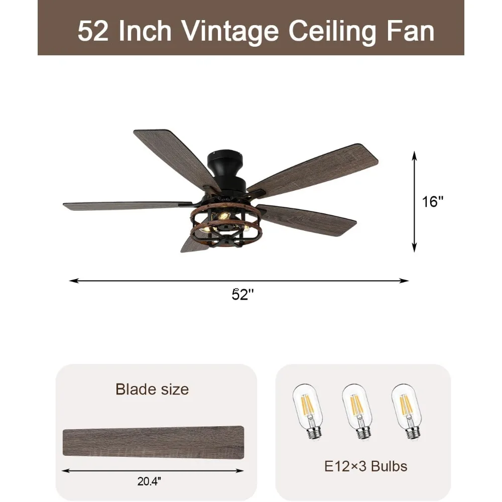 52 Inch Flush Mount Farmhouse Ceiling Fan with Lights Rustic Cage