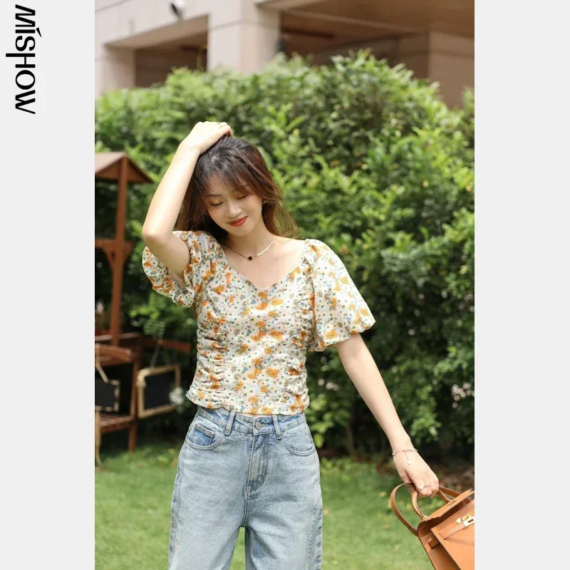 MISHOW Blouse Women 2023 Summer New High Waist Floral V-neck Casual Chiffon Shirts Puff Sleeve Shirt Female Fashion MXA24L0179