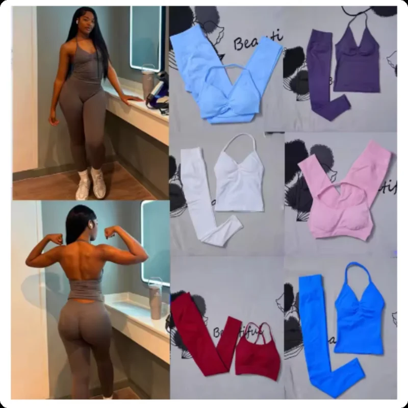 

2-Piece Yoga Set Ladies Gym Training Leggings and Neck Tank Yoga Fitness Seamless Set Pilates Clothes Workout Sportswear