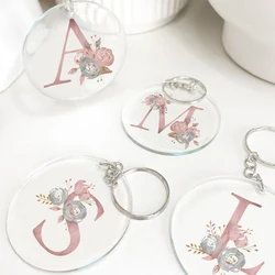 Pink Initials Flower Printed Keyring Circle Monogram Acrylic Keychain Letter Key Ring Birthday Wedding Bridesmaid Gifts for Her