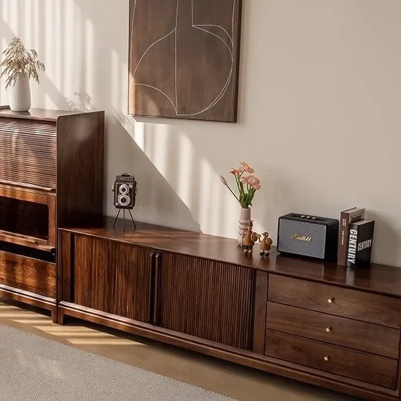 For North American Black Walnut Antique TV Cabinet Solid Wood Living Room Simple Locker Log Retro TV Stand Cabinet