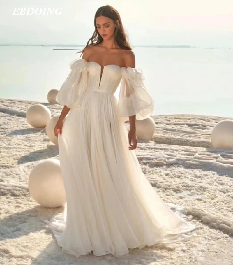EBDOING Simple Wedding Dress A-Line Strapless Puffy Sleeves With Split Customized Bride Gown Vestidos De Novias
