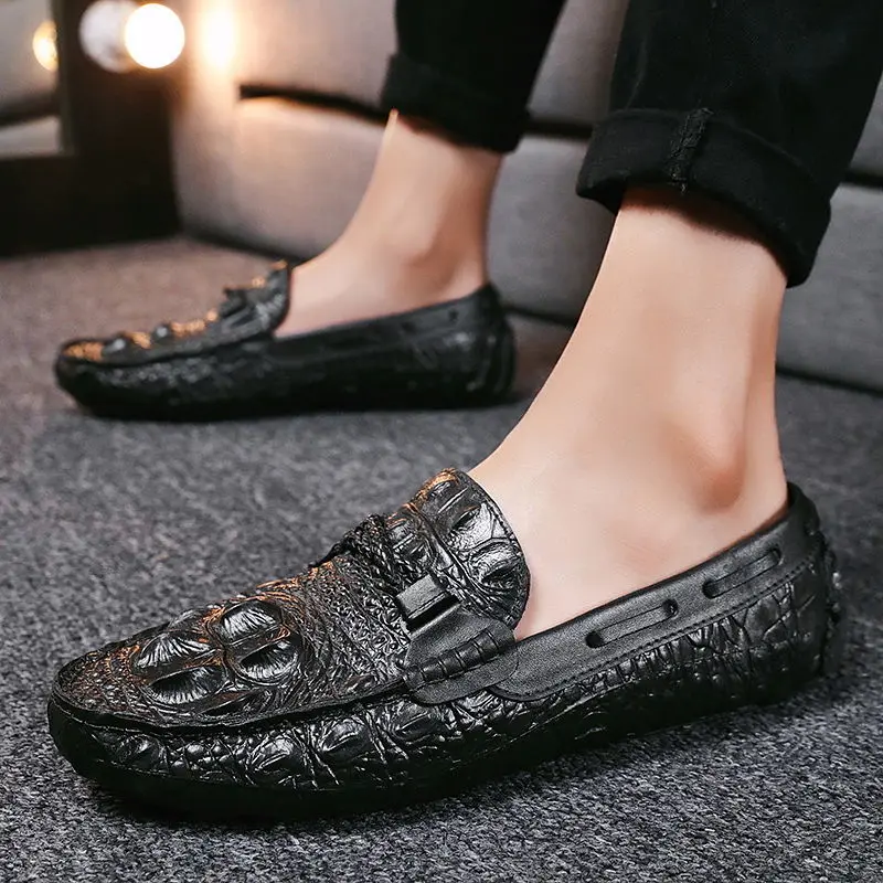 Crocodile Pattern Leather Slip on Mens Casual Shoes Social Spirit Guy Slip-on Mens Flat Loafers Shallow Sneakers for Dad