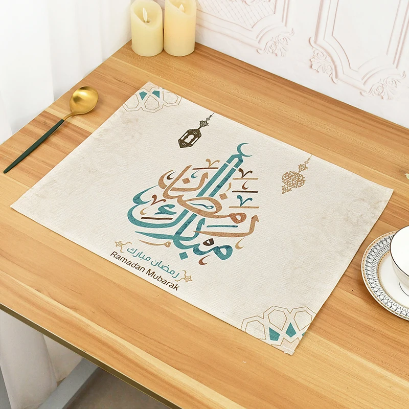 42x32cm Ramadan Linen Placemat Eid Mubarak Dining Table Mats Bowl Coffee Cup Pad Mat 2025 Muslim Islam Party Decoration Supplies