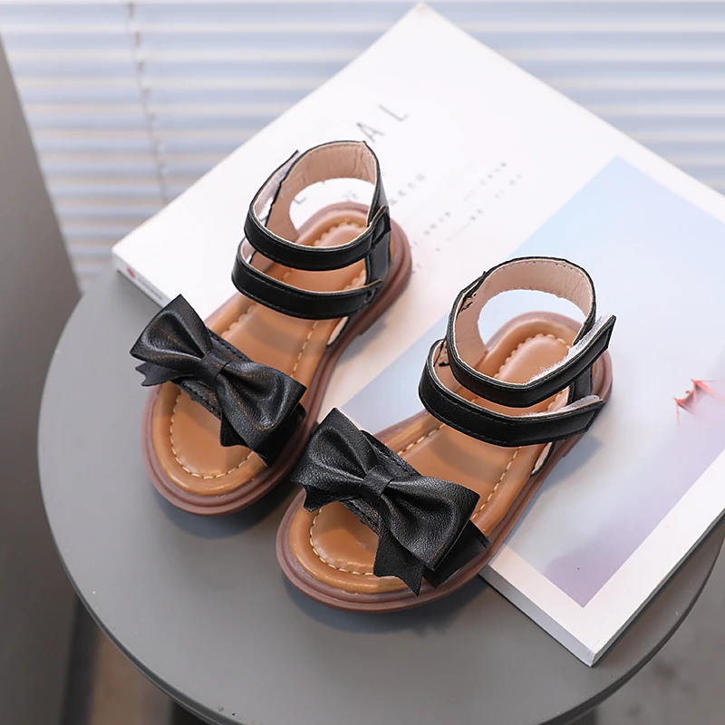 Little Children Sandals Ankle Strap Bowknot Black White Girl\'s Sliders 21-30 Toddler Pu Leather Flexiable Summer Kids Flat Shoes