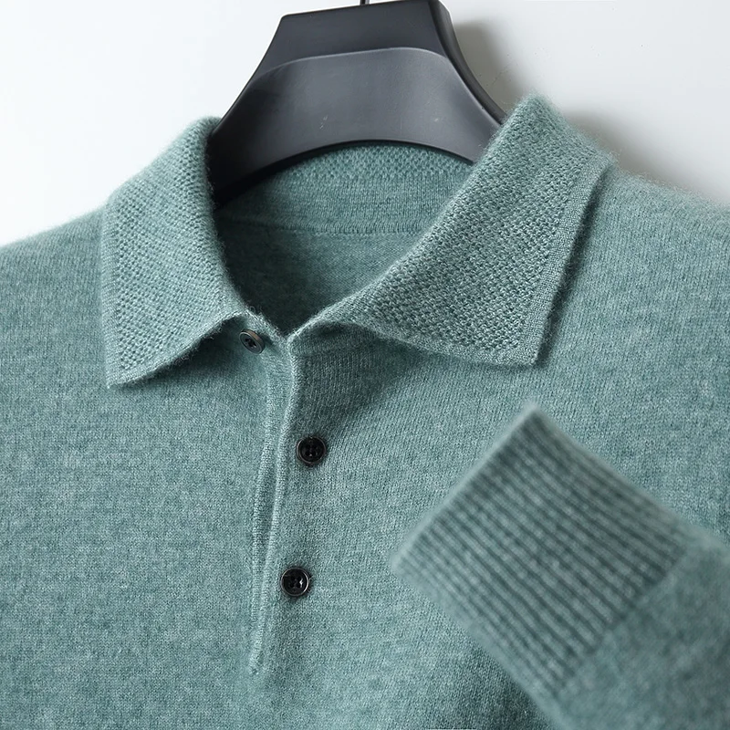 

LHZSYY 100%Merino Wool Hot Cardigans Men Lapel Pullover Long Sleeve POLO Neck Sweaters Loose Tops Knit Clothing Large Size Shirt